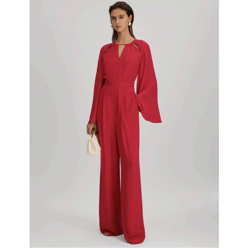 REISS Tania Flared Sleeve Jumpsuit Coral Red Size 6